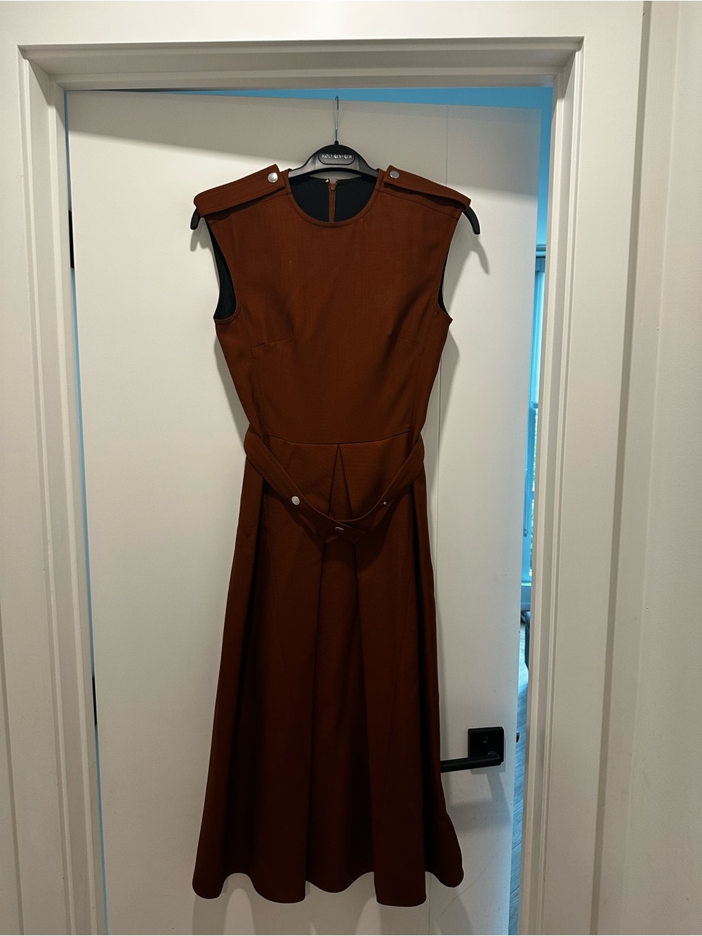 Victoria Beckham Sleeveless Chestnut Midi Dress with Belt Detail